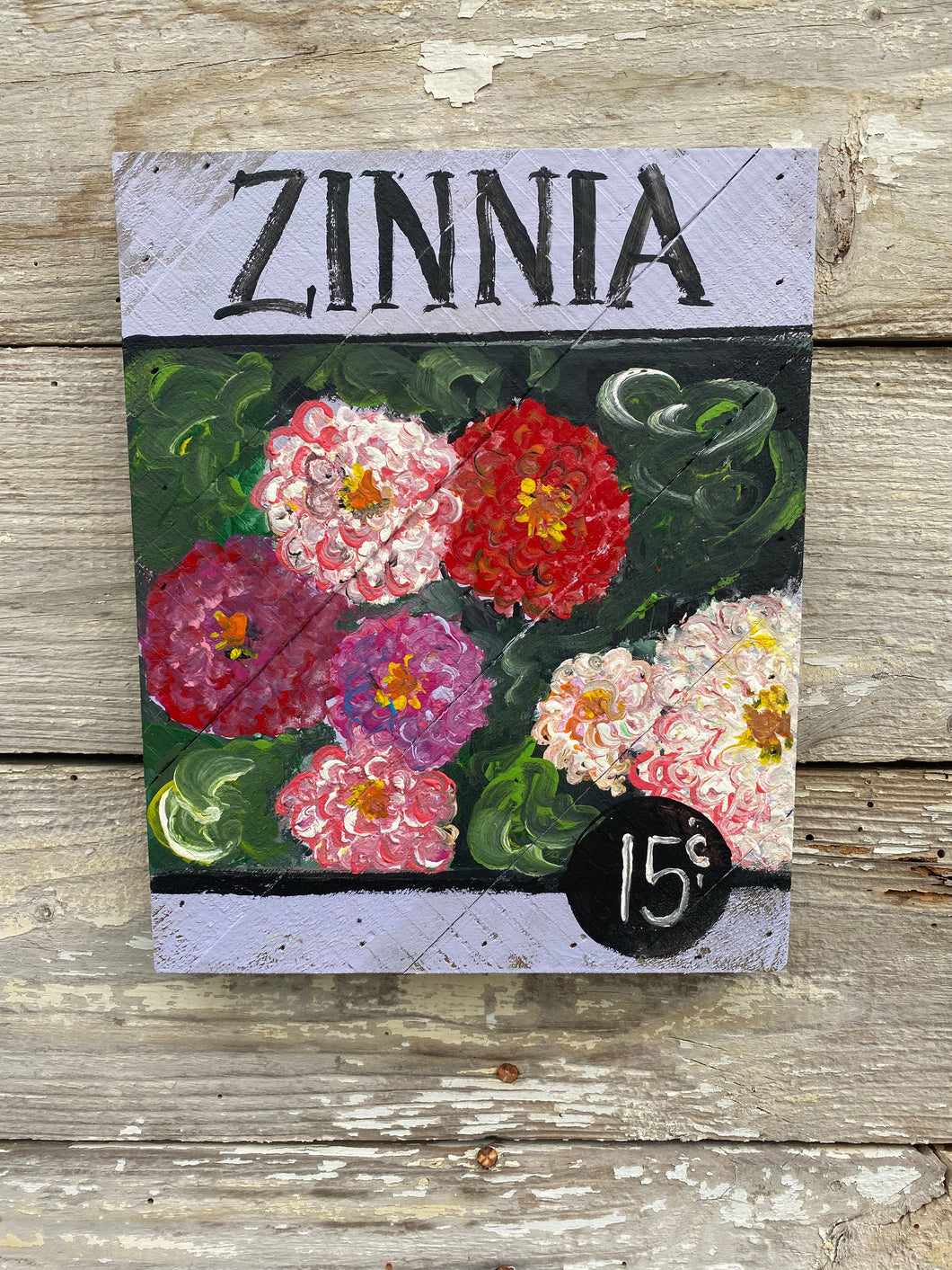 Seed Packet Zinnias- Hand-painted Wooden Square Pallet Wood Wall Decor