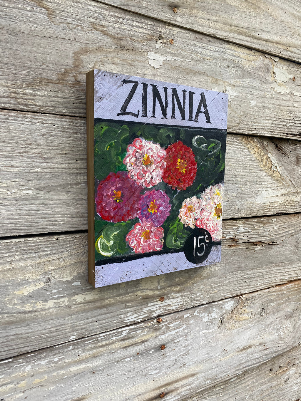 Seed Packet Zinnias- Hand-painted Wooden Square Pallet Wood Wall Decor