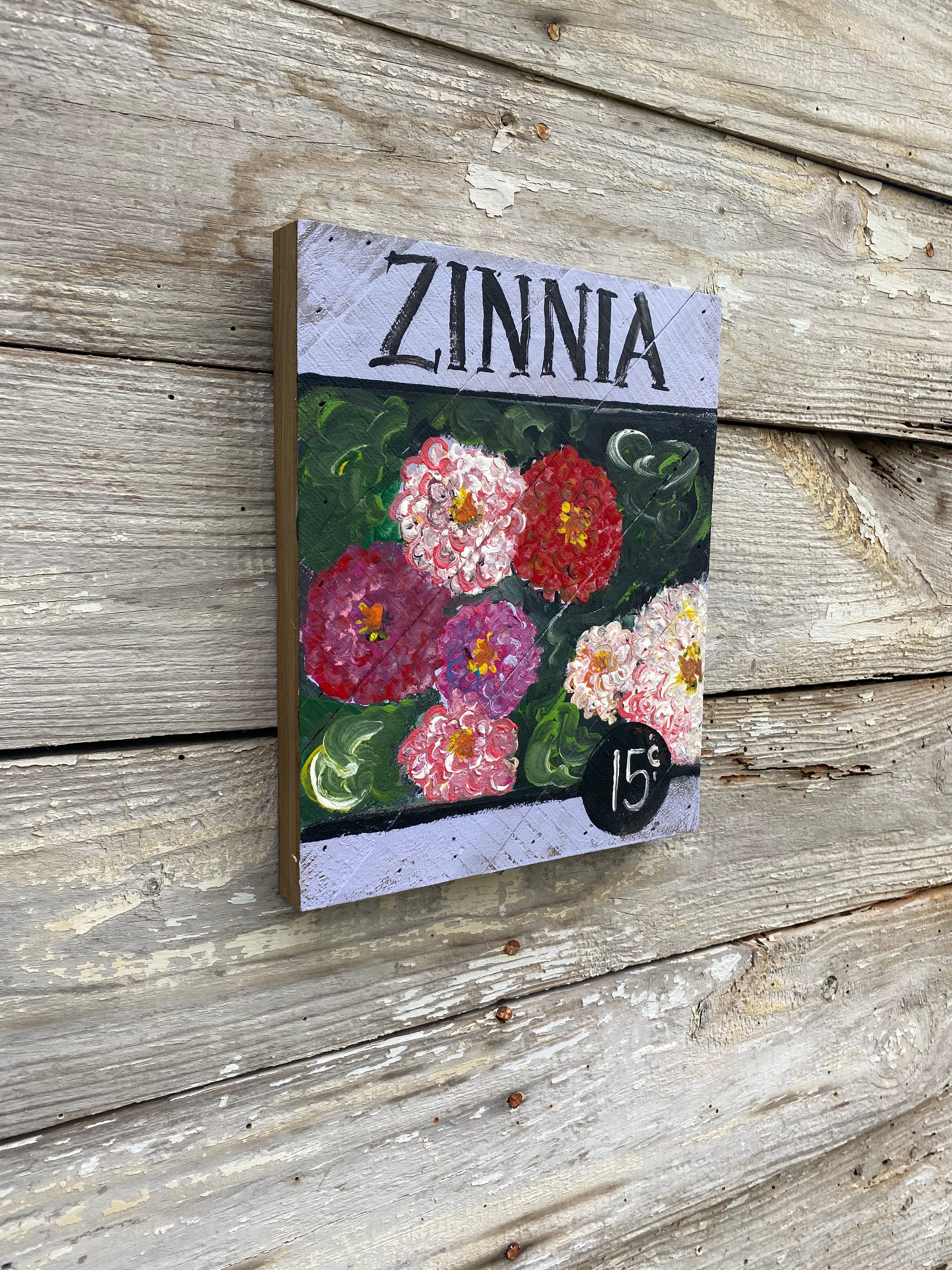 Seed Packet Zinnias- Hand-painted Wooden Square Pallet Wood Wall Decor