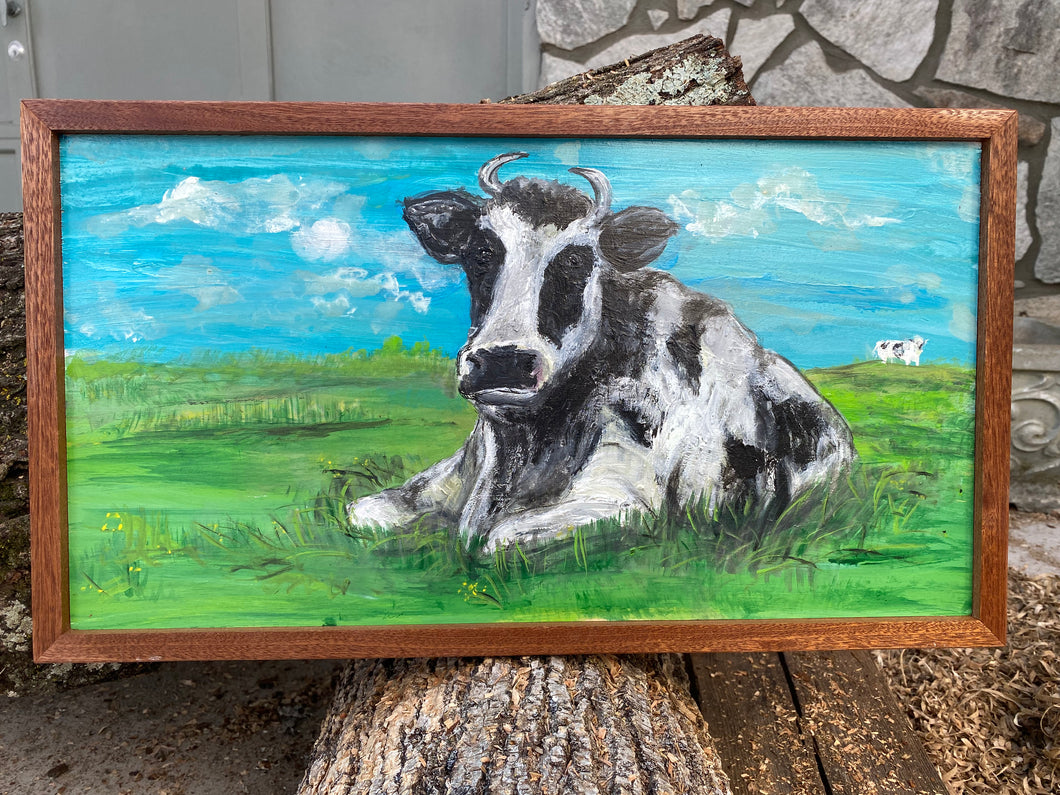 Bessie The Cow in Field Original reclaimed wood painting