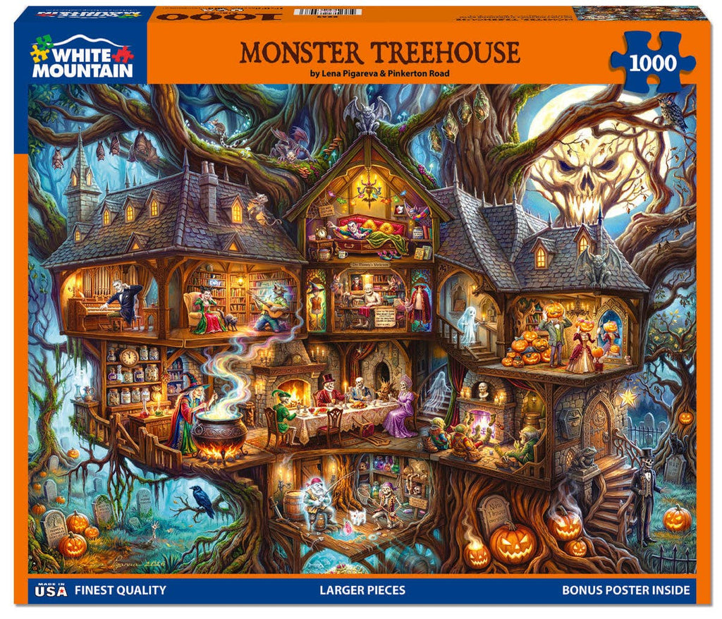 White Mountain 1000-piece jigsaw puzzle box featuring the illustrated scene 'Monster Treehouse' by Lisa Pepper & Rebecca Neal, with a colorful haunted forest treehouse, glowing windows, pumpkins, ghosts, and a skull in the moon.
