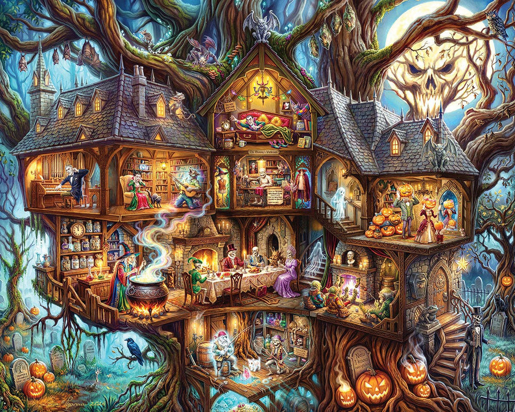 A whimsical, highly detailed fantasy illustration of a haunted treehouse cottage filled with cozy interior scenes, surrounded by gnarled branches, glowing moonlight, pumpkins, ghosts, and a large skull motif in the sky.
