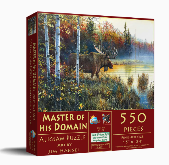 Jigsaw puzzle box featuring a moose in a forest scene with 'Master of His Domain' text.