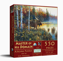 Load image into Gallery viewer, Jigsaw puzzle box featuring a moose in a forest scene with 'Master of His Domain' text.
