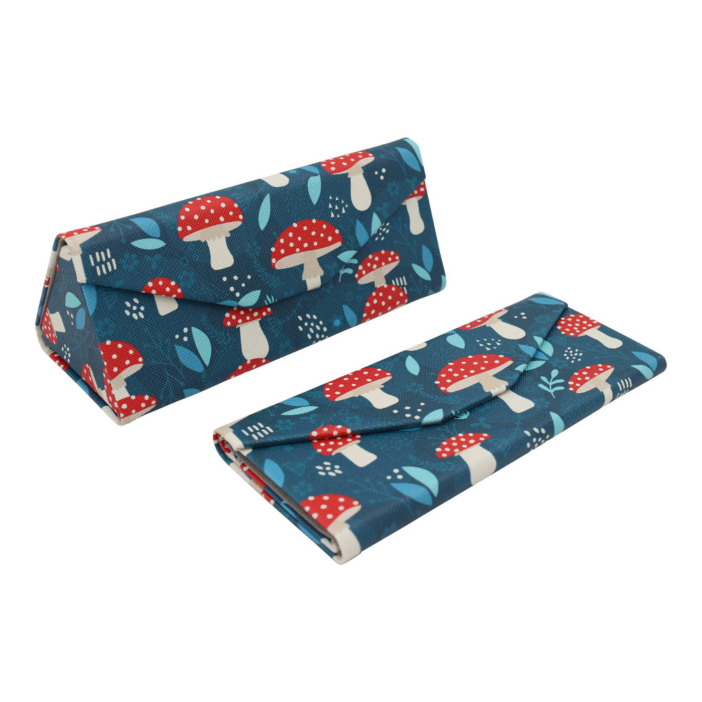 Two blue fabric cases with red and white mushroom pattern on a white background