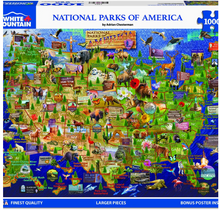 Load image into Gallery viewer, Jigsaw puzzle box featuring a map of National Parks of America with various animals and landscapes.
