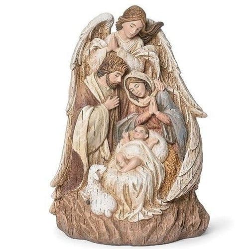 Nativity scene figurine with Mary, Joseph, and baby Jesus surrounded by angels on a white background.

Details