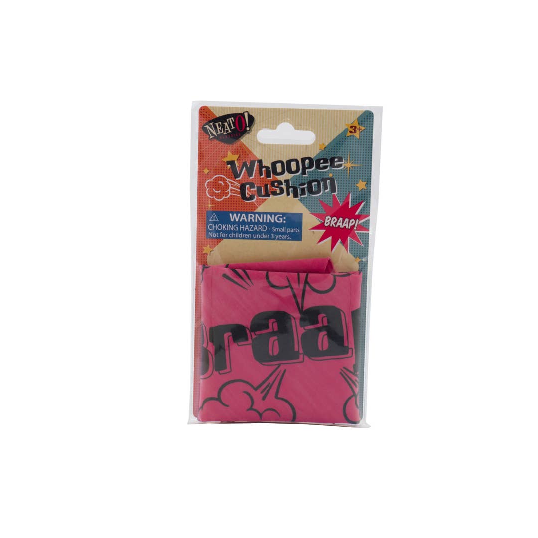 Pink whoopee cushion with packaging on a white background