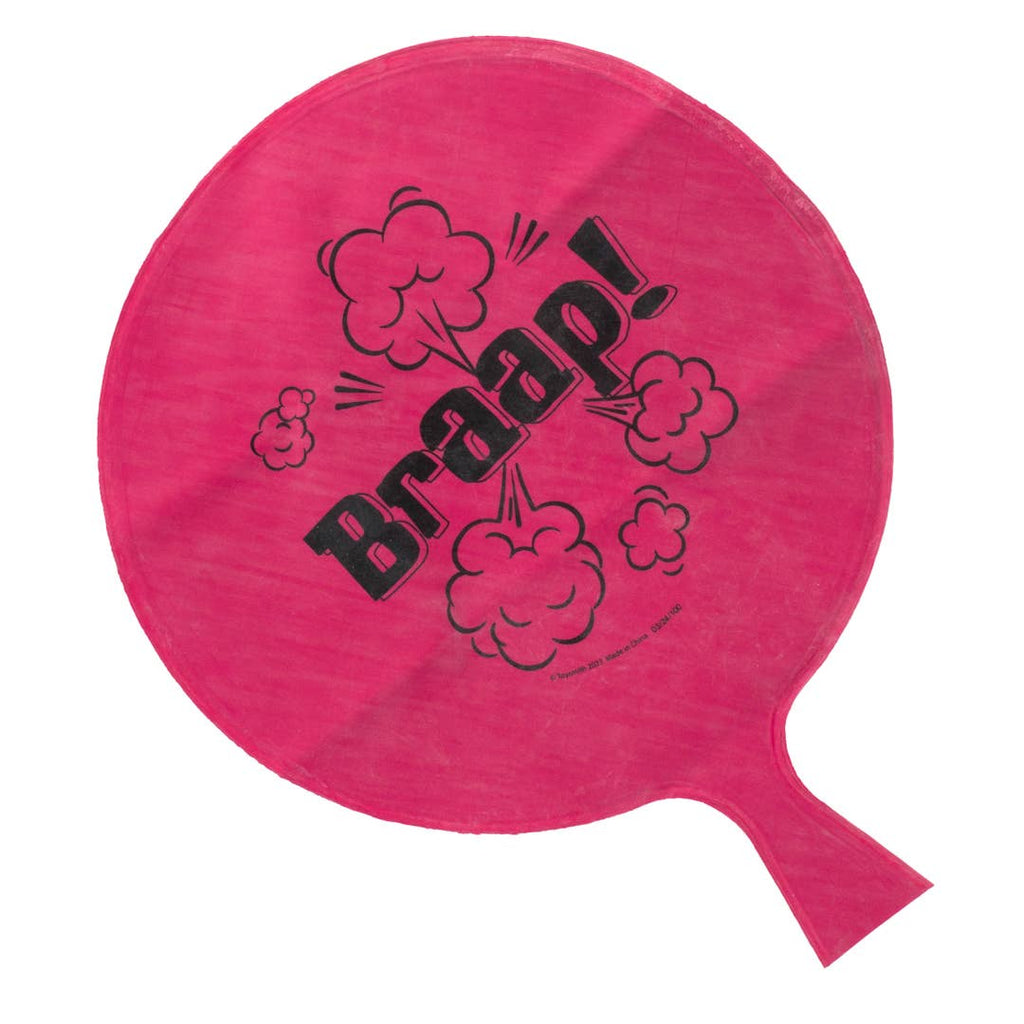 Pink balloon with 'Braap!' text on a white background