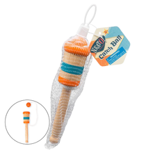 Load image into Gallery viewer, Colorful toy with a wooden handle and striped ball, packaged in clear plastic with a Neato brand tag.
