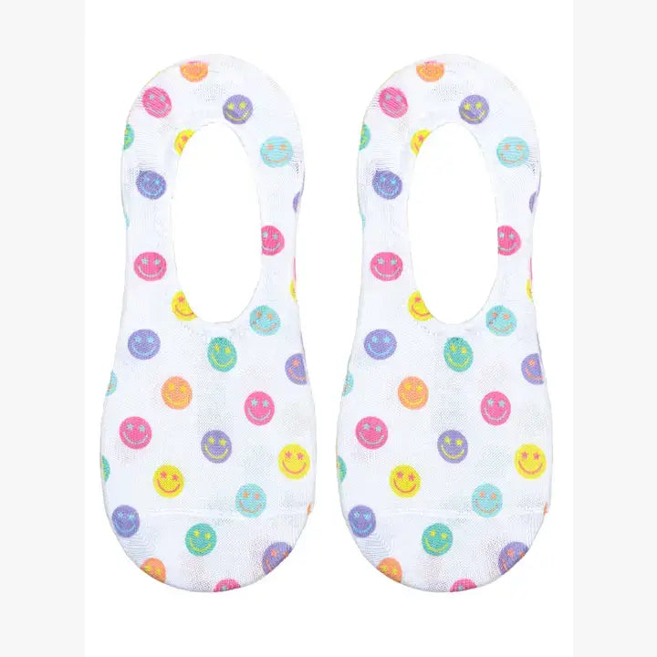 No-Show Liner Socks - Multi-Colored Happy Faces - White