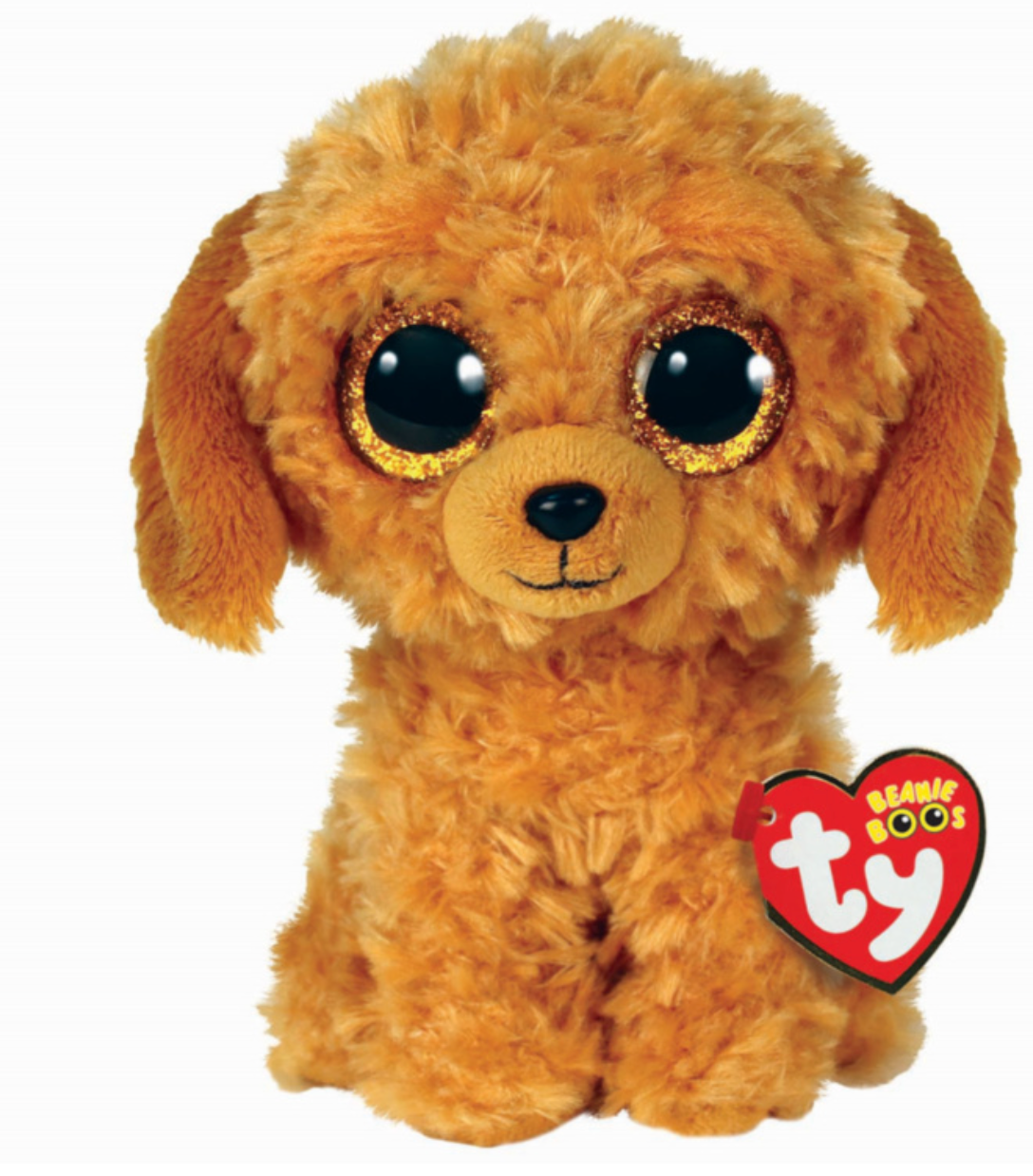 Ty Beany Oos plush dog toy in golden brown with large glittery eyes and a red heart-shaped Ty tag, shown on a plain white background.