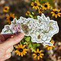 Hand holding a floral sticker with yellow flowers in the background