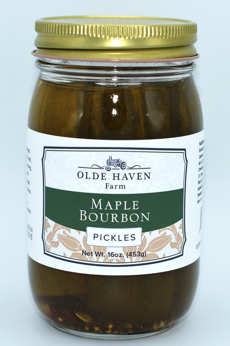 Jar of Olde Haven Farm Maple Bourbon Pickles on a white background