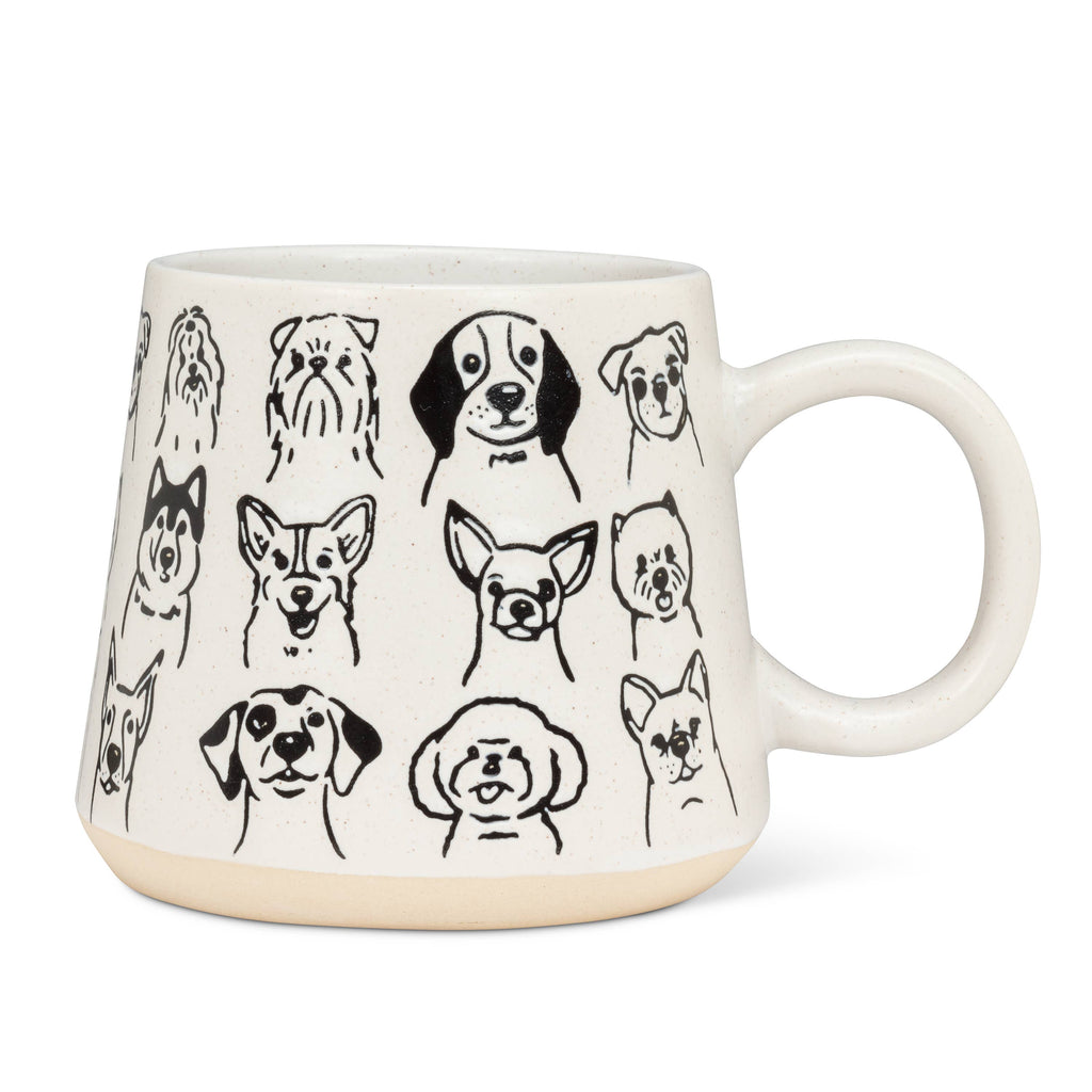 White mug with black line drawings of dogs on a white background