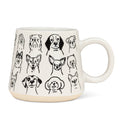 White mug with black line drawings of dogs on a white background