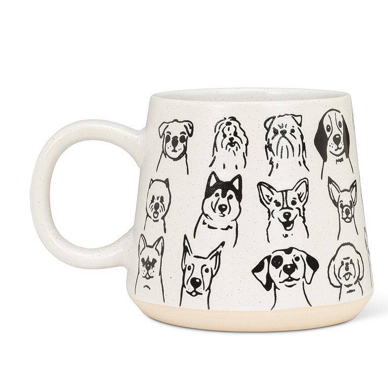 White mug with black line drawings of various dog breeds on a white background