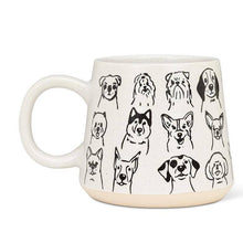 Load image into Gallery viewer, White mug with black line drawings of various dog breeds on a white background

