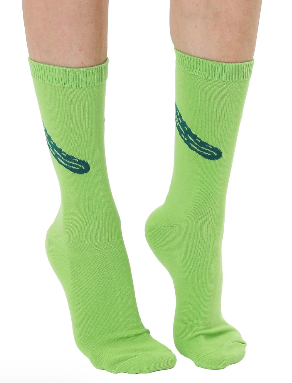 Green socks with a blue design on a white background