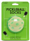 Pickleball socks packaging with a green ball design on a green background