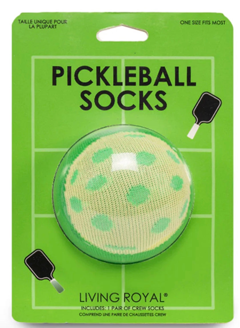 Pickleball socks packaging with a green ball design on a green background