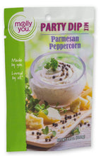 Load image into Gallery viewer, Molly You Parmesan Peppercorn party dip mix packaging with a green and white design.
