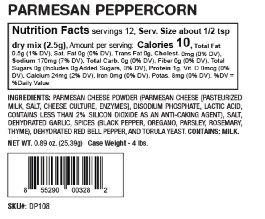 Nutrition facts label for Parmesan Peppercorn dry mix on a white background
