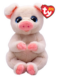 A plush pig toy with large blue eyes, a pink snout and feet, and a red heart-shaped Beanie Bells tag on the upper right, shown on a plain white background.