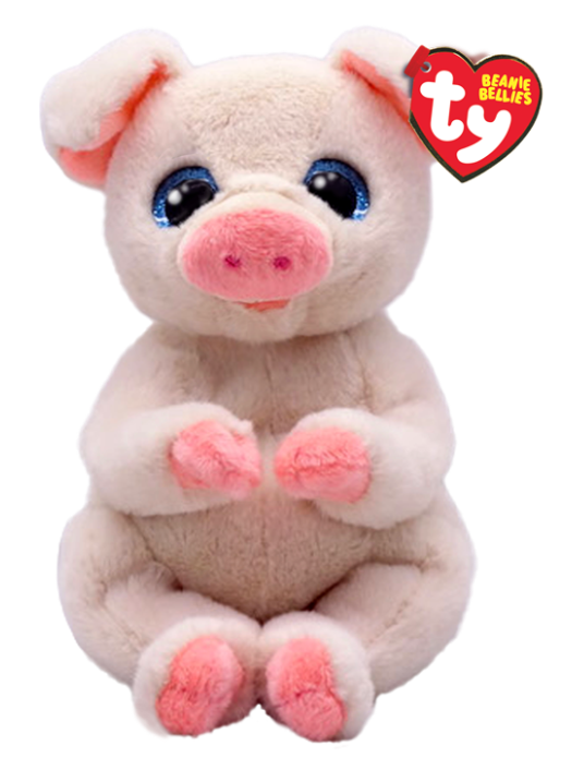 A plush pig toy with large blue eyes, a pink snout and feet, and a red heart-shaped Beanie Bells tag on the upper right, shown on a plain white background.