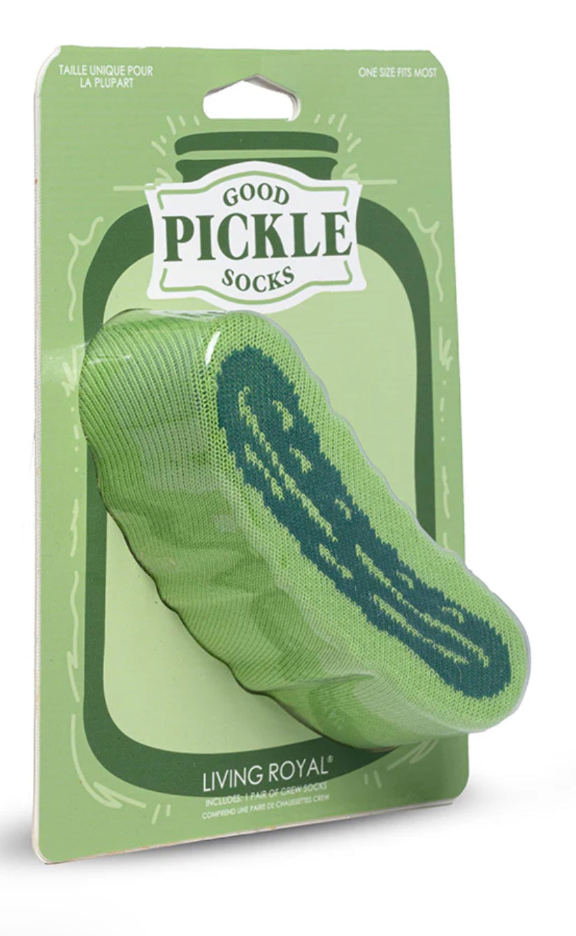 Green socks in packaging with 'Good Pickle Socks' branding on a white background