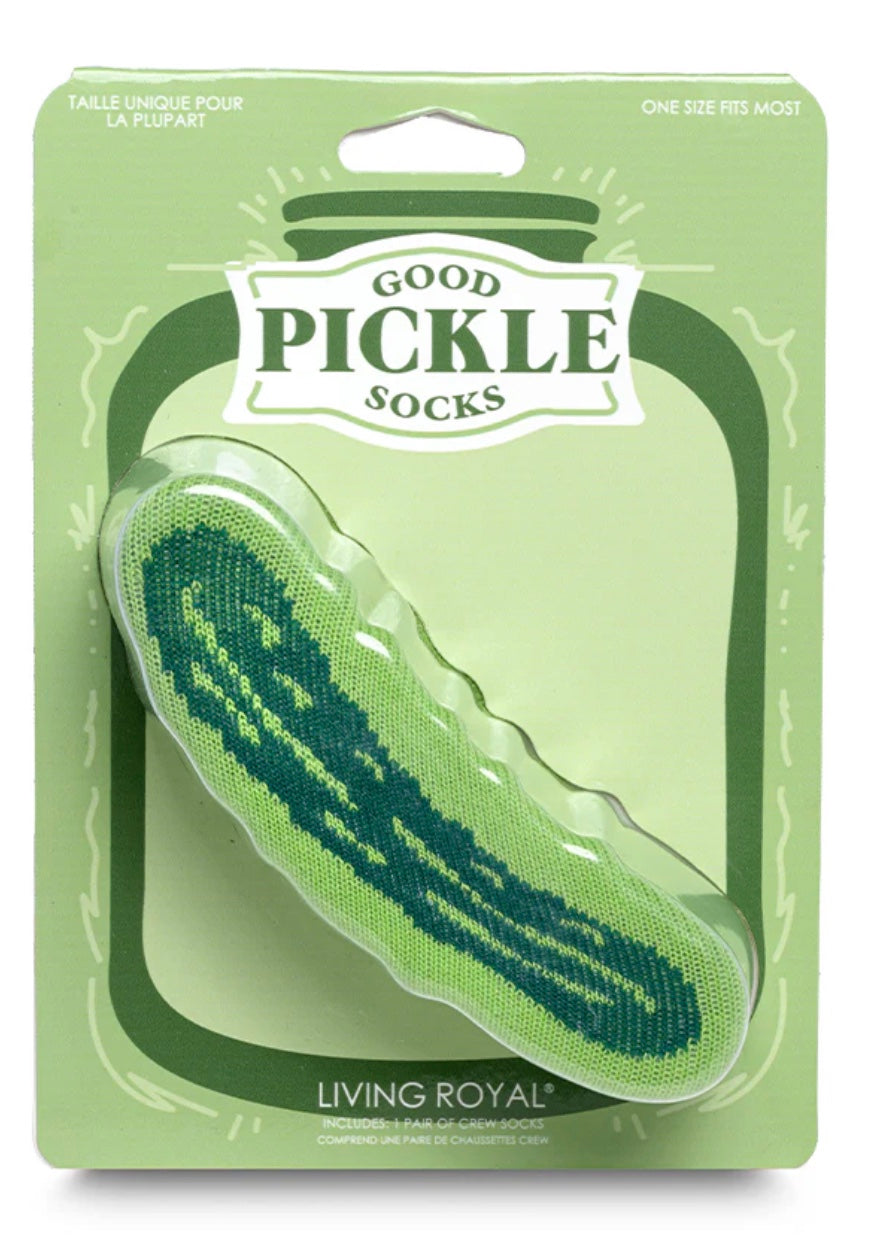 Packaged pickle-shaped insole with 'Good Pickle Socks' branding on a light green background.