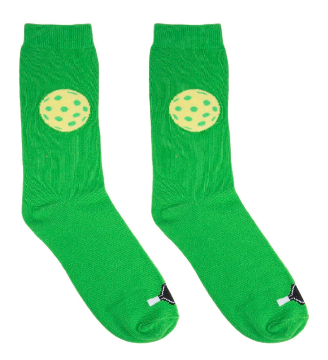 Green socks with yellow circular designs on a white background