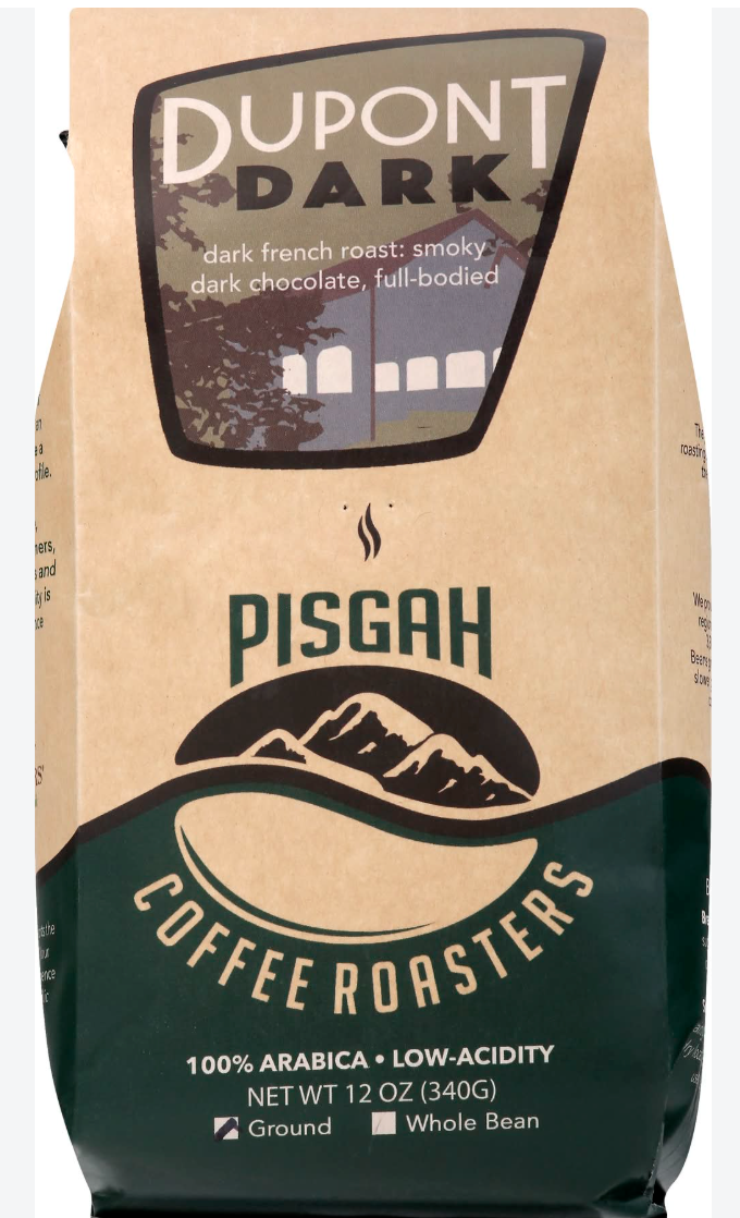 A 12 oz bag of Dupont Dark Pisgah coffee roasters on a plain white background. The packaging is made of brown kraft paper with a dark green lower section and a dark brown label at the top.