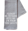 Gray towel with white text 'MY DOG AND I TALK SHIT ABOUT YOU' on a white background