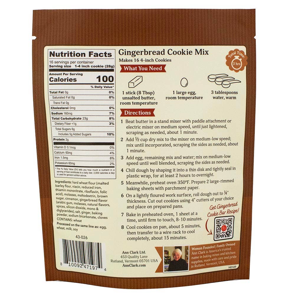 Gingerbread cookie mix package with nutrition facts and directions on a white background
