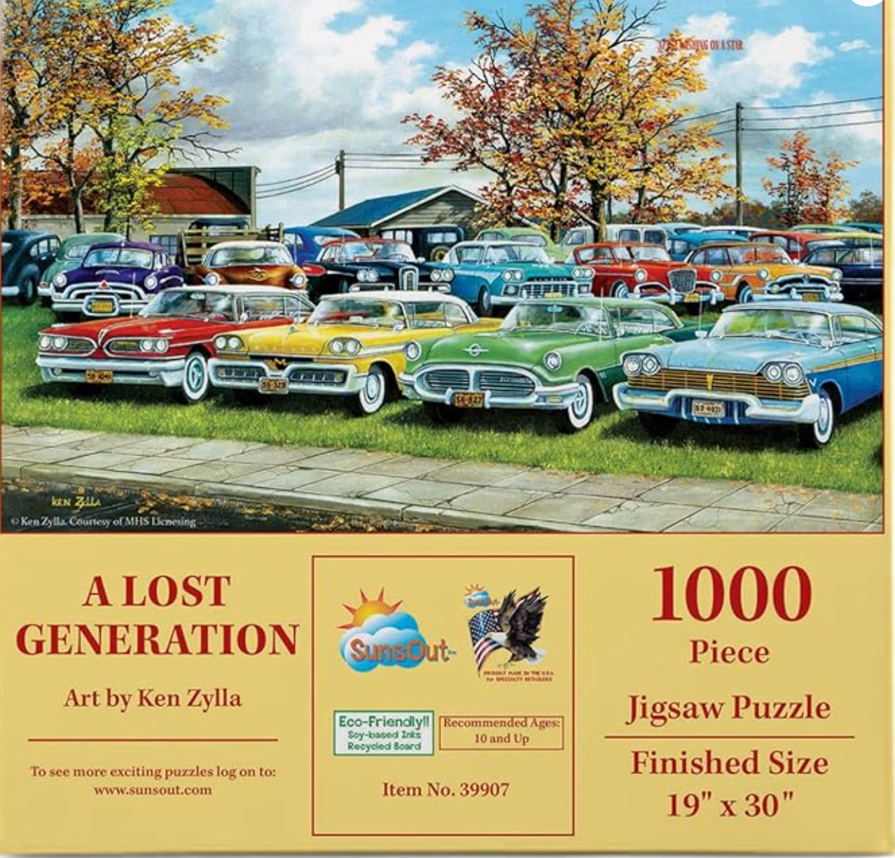 Jigsaw puzzle box featuring vintage cars on a suburban street with 'A Lost Generation' title and SunSout branding.