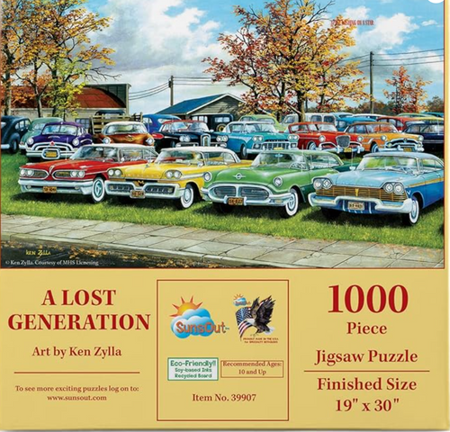 Jigsaw puzzle box featuring vintage cars on a suburban street with 'A Lost Generation' title and SunSout branding.