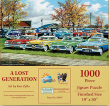 Load image into Gallery viewer, Jigsaw puzzle box featuring vintage cars on a suburban street with 'A Lost Generation' title and SunSout branding.
