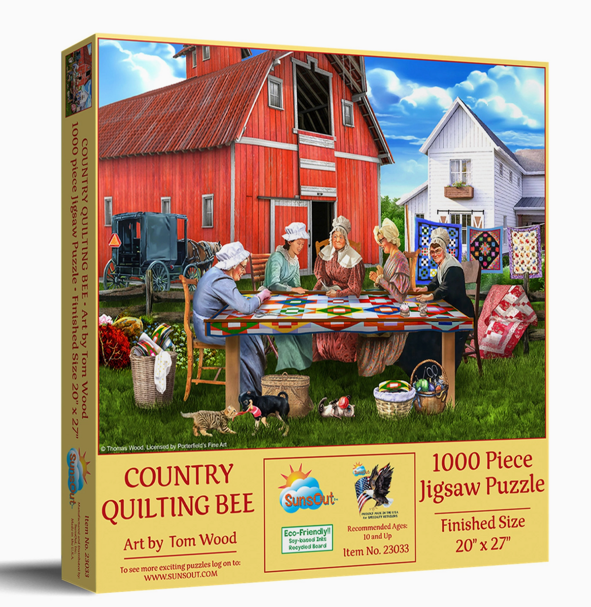 Jigsaw puzzle box featuring a country scene with people quilting, red barn, and white house.