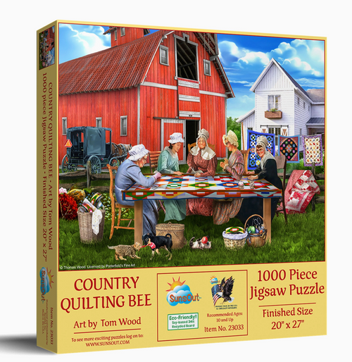 Jigsaw puzzle box featuring a country scene with people quilting, red barn, and white house.