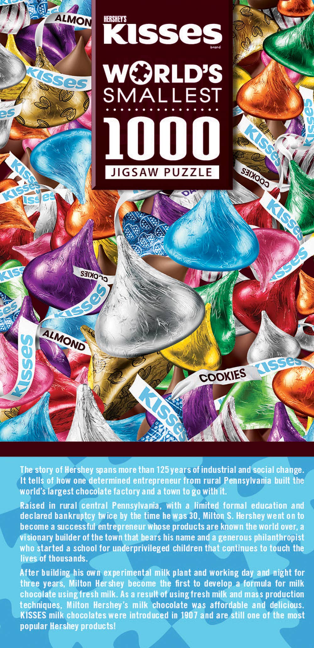 Kisses World's Smallest 1000 Jigsaw Puzzle packaging with colorful chocolate kisses.