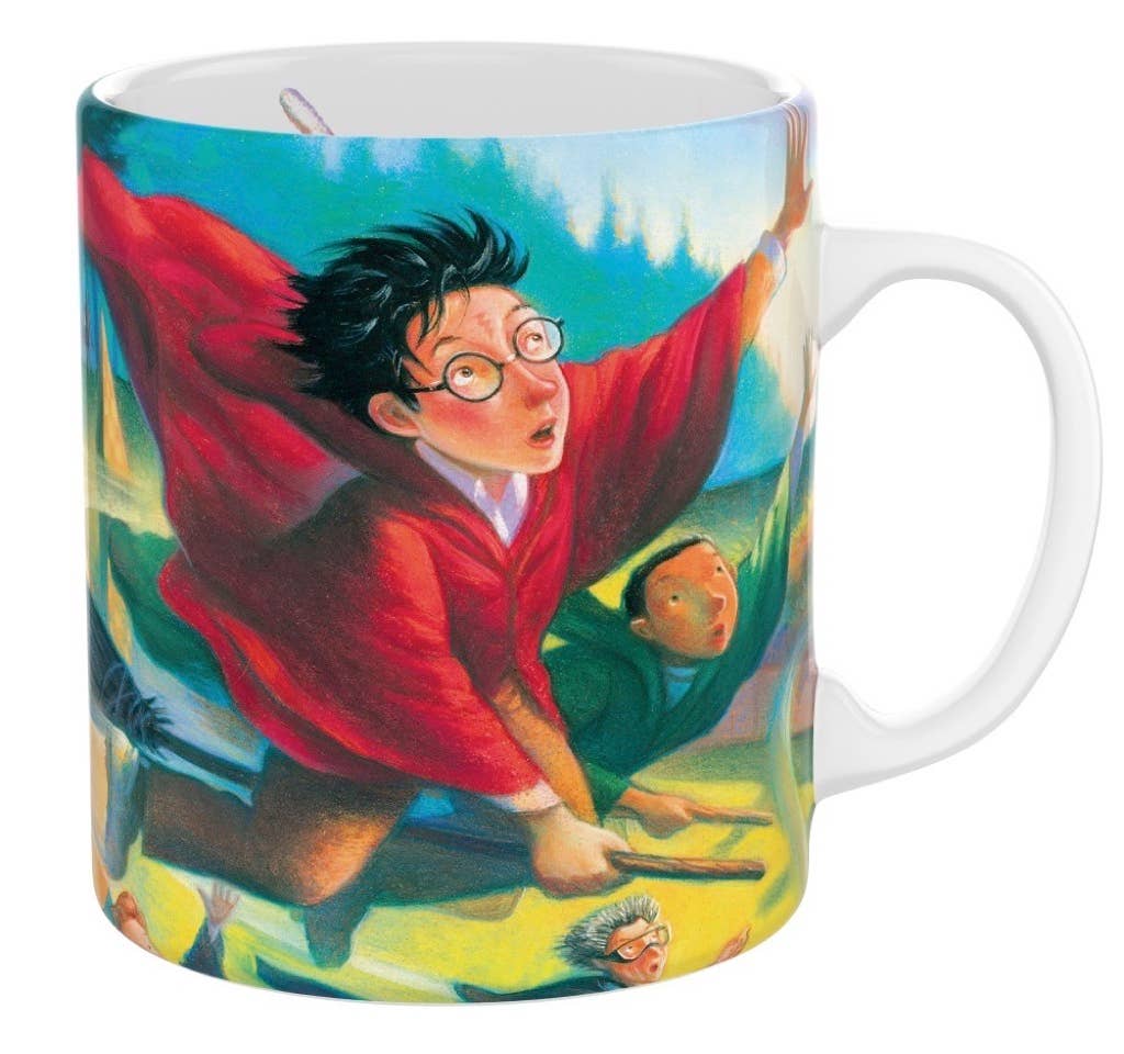 Mug with a colorful design featuring a character in a red robe and glasses, holding a broomstick.
