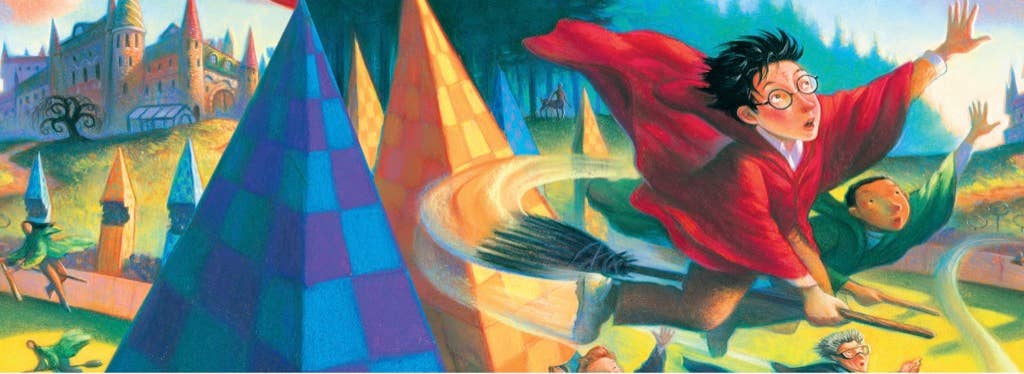 Illustration of a young boy flying on a broomstick with colorful tents and a castle in the background.