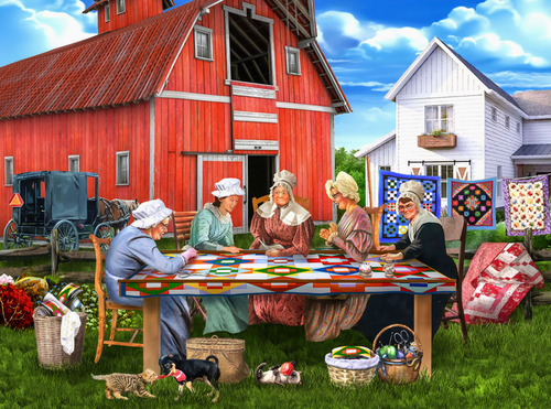 People working on quilts in a rural setting with a red barn and white house.
