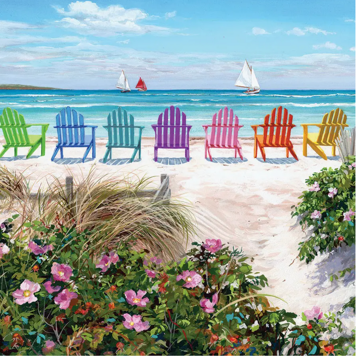Colorful Adirondack chairs on a sandy beach with flowers and sailing boats in the background.