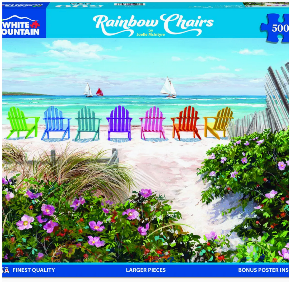 Jigsaw puzzle packaging with colorful chairs on a beach scene