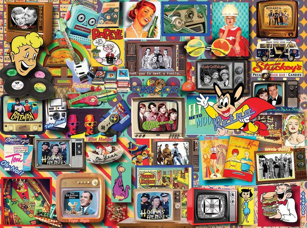 Collage of vintage-themed items including toys, posters, and retro appliances.