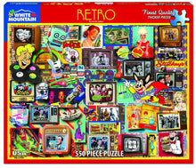 Load image into Gallery viewer, Retro-themed puzzle packaging with colorful graphics and 'White Mountain Puzzles' branding.
