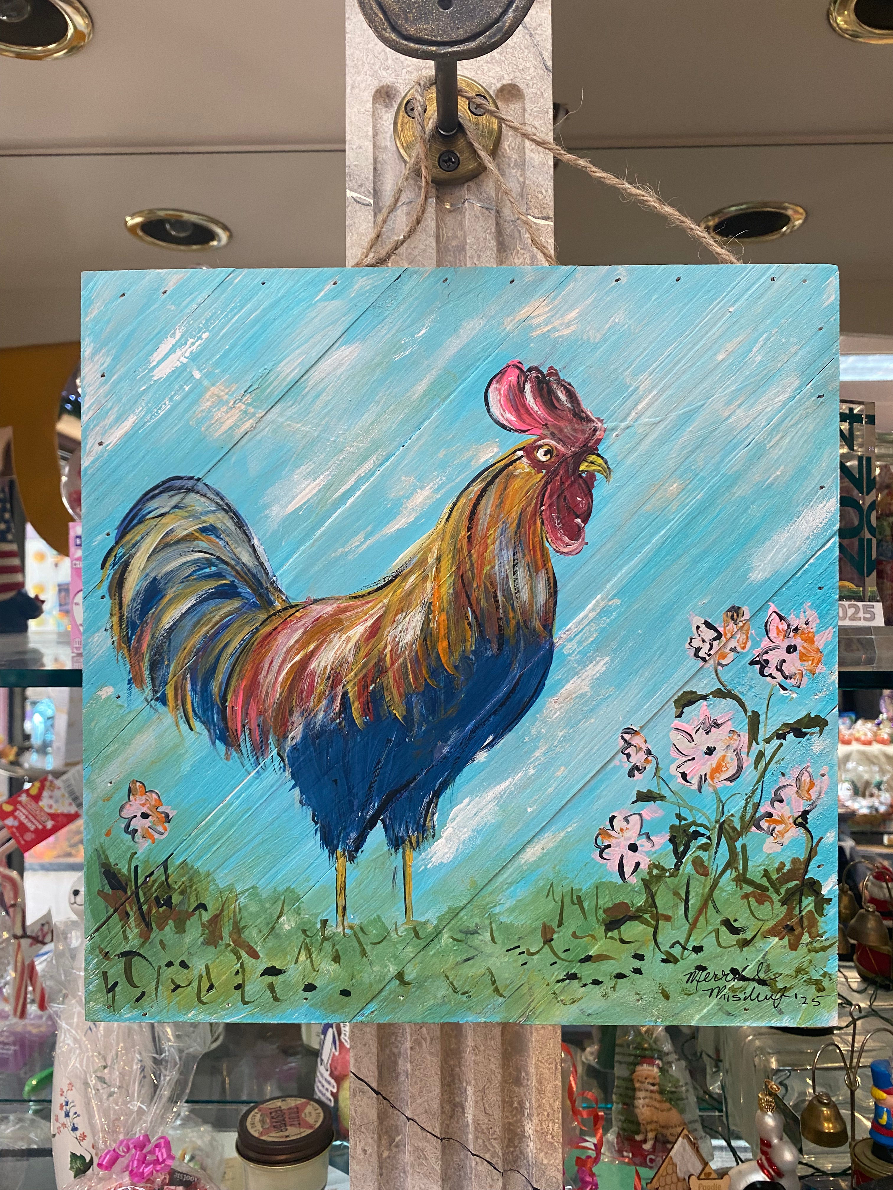 Rainbow Rooster- Original painting on wood