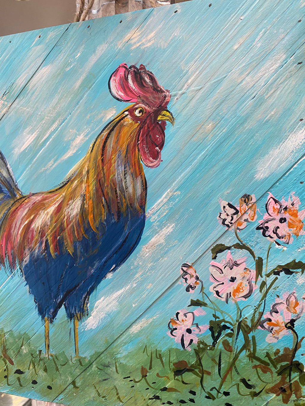Rainbow Rooster- Original painting on wood